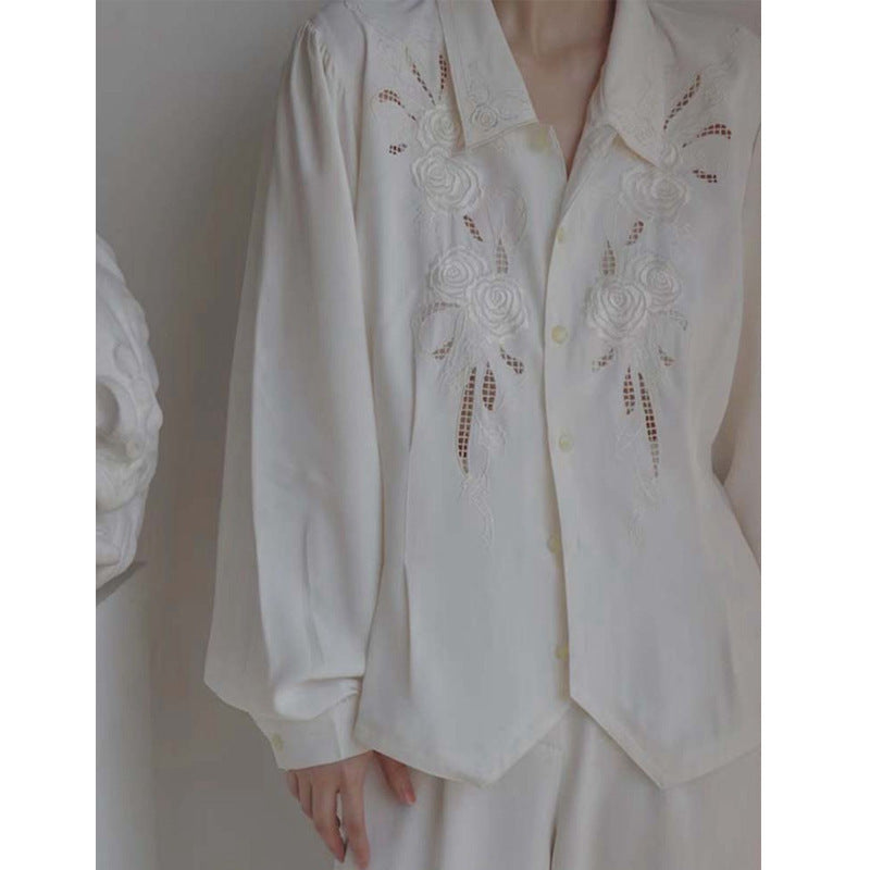 White Embroidered Hollow Out Shirt for Women