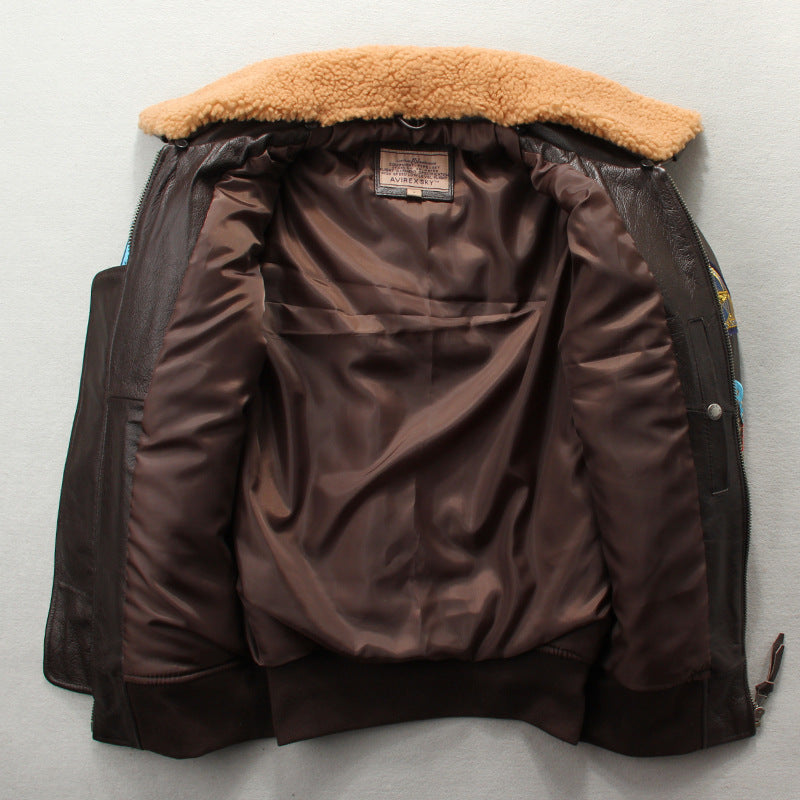 Blouson de moto court en cuir de vachette brodé pour homme