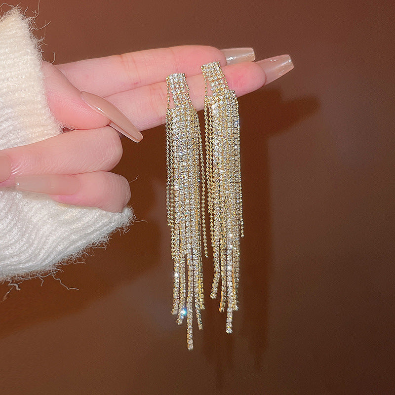 Silver Needle Exquisite Full Diamond Long Fringe Earrings