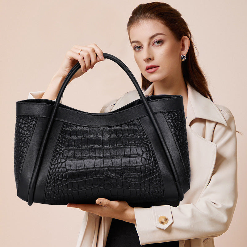 Black Genuine Leather Tote Handbag 40cm Practical Commuter Bag