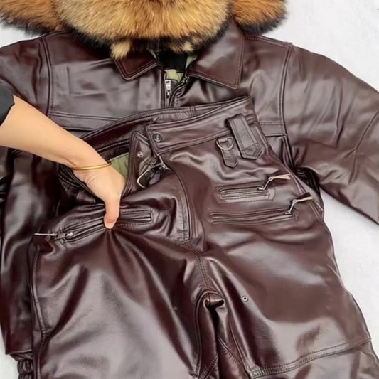 Brown With Velvet Leather Pants Loose Slimming