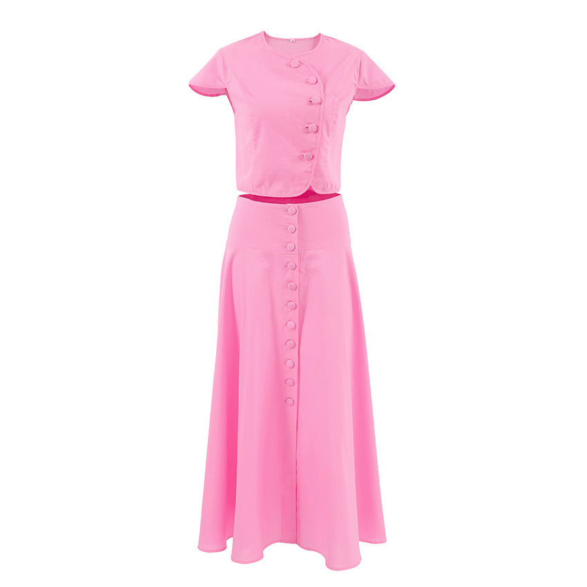 Ensemble tailleur-pantalon rose coton à taille haute et décolleté en V avec jupe longue