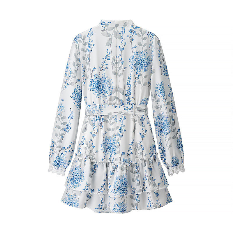 Blue And White Printed Stand Collar Puff Sleeve Long Sleeve Ruffled Dress
