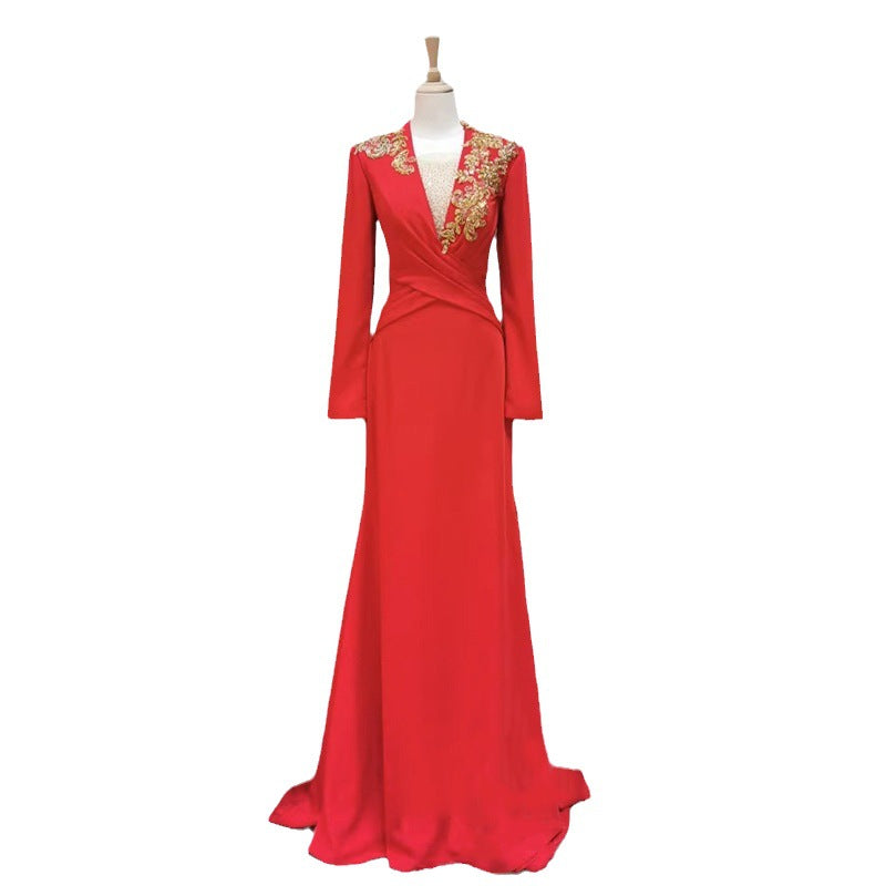Robe de soirée de banquet pour femme, manches longues, rouge