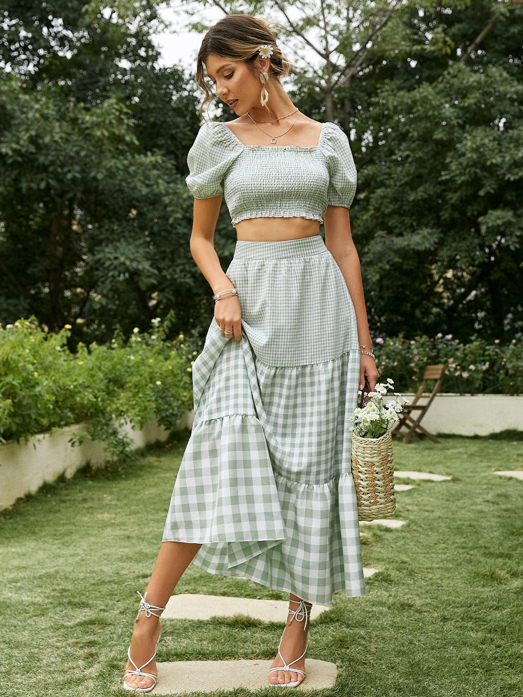 Fashion Casual Commuter Skirt Suit Midi Striped Light Green Polyester
