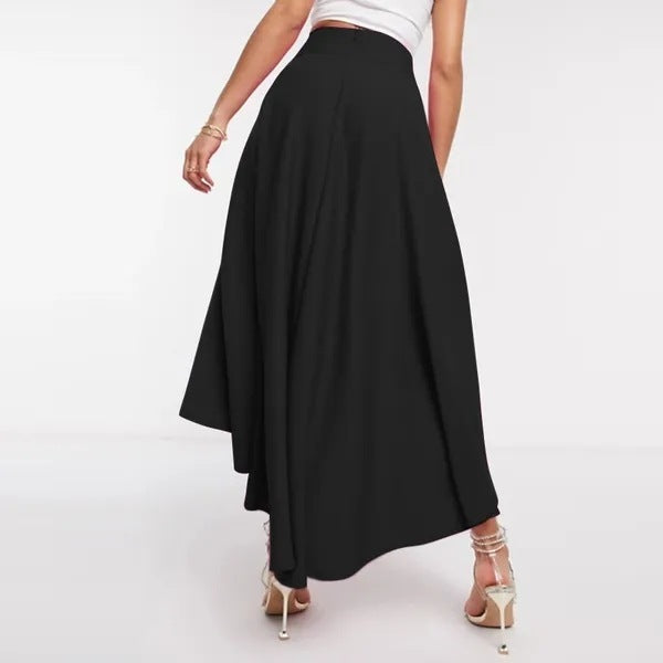 Women's Asymmetric High Waist Mid-Length Skirt in Black & Pink Polyester
