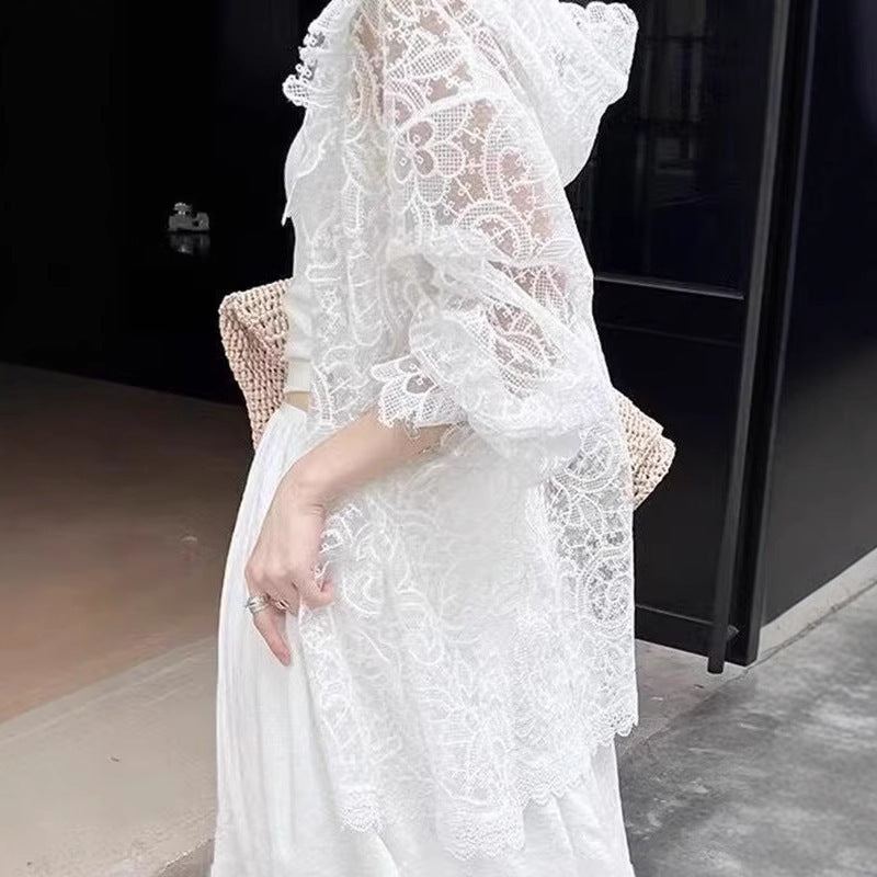 White Lace Crocheted Sun Protection Shirt for Women