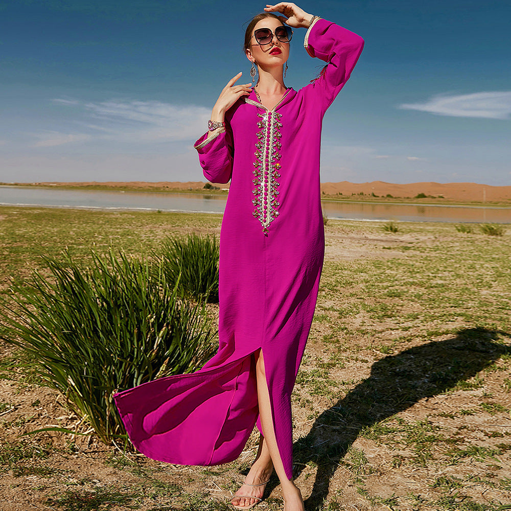 Women's Rose Red Hooded Moroccan Style Dress with V-Neck and A-Line Skirt