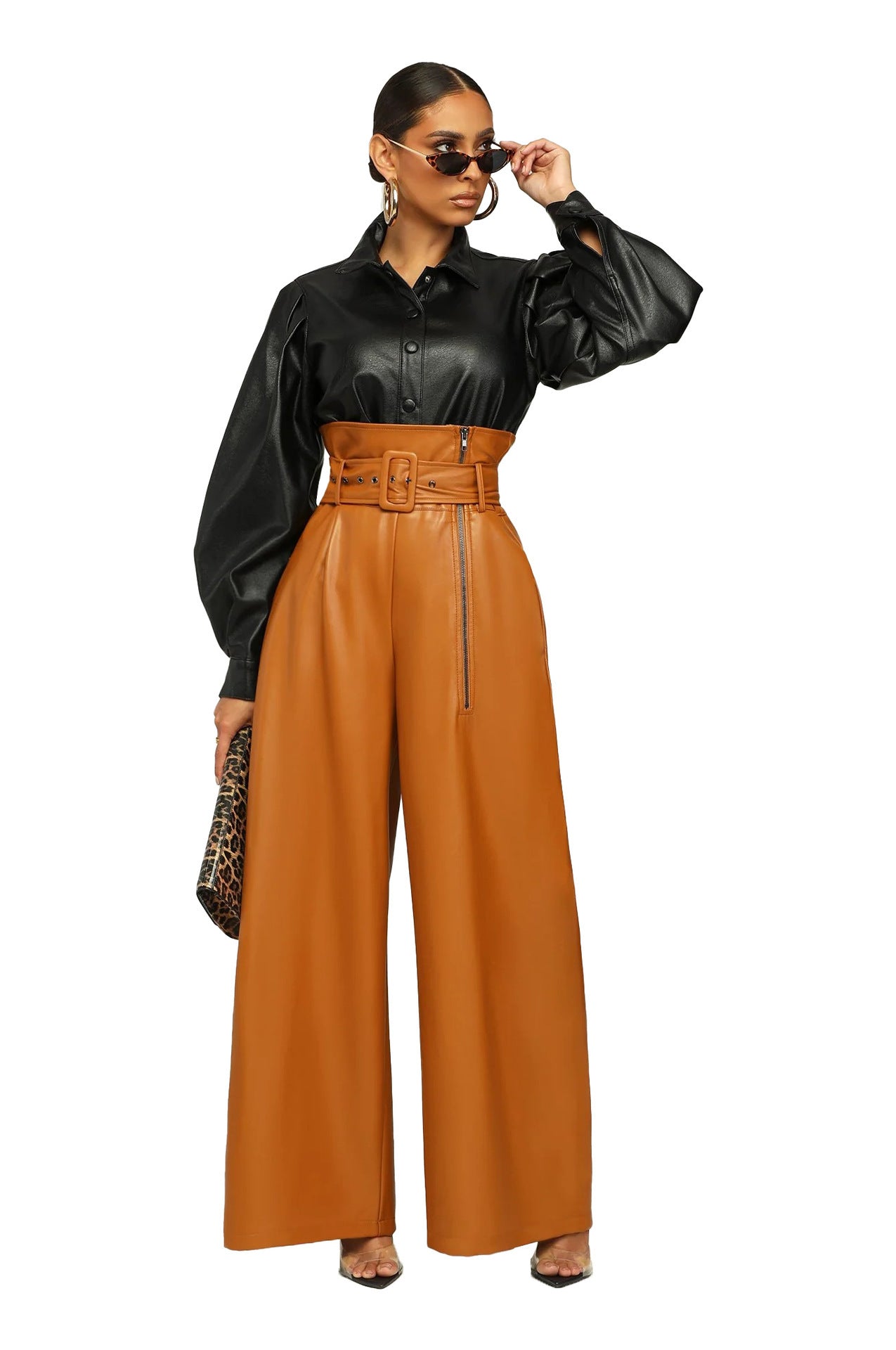 High Waist PU Leather Pants Metal Belt Wide Leg Trousers