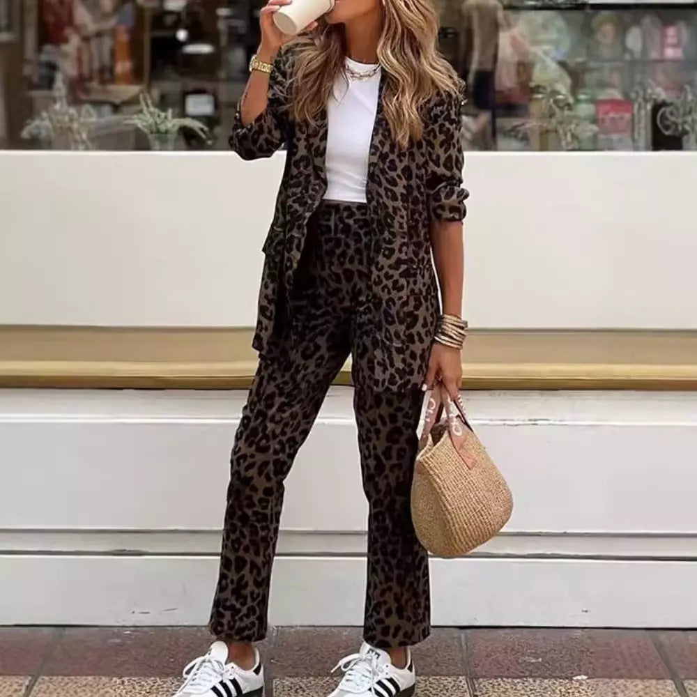 Women's Digital Print Long-Sleeve Cardigan & Trousers Suit