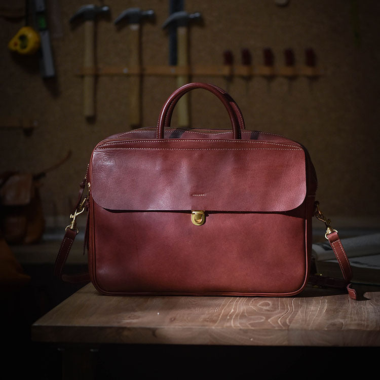 Street Vegetable Tanned Leather Men's Large Capacity Multi-Compartment Briefcase