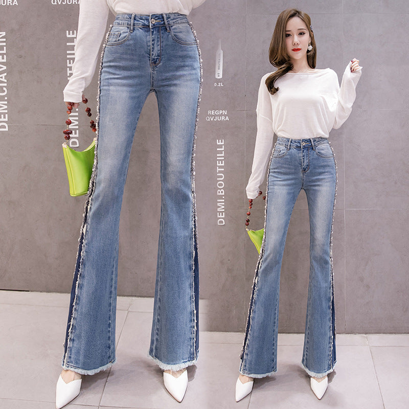 High Waist Slimming Embroidery Beaded Flared Denim Jeans for Women