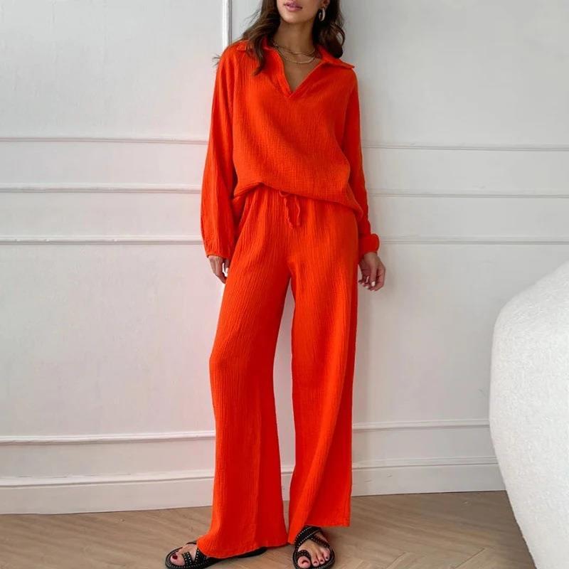 Ensemble élégant haut et pantalon décontracté en polyester pour femme, disponible en plusieurs coloris