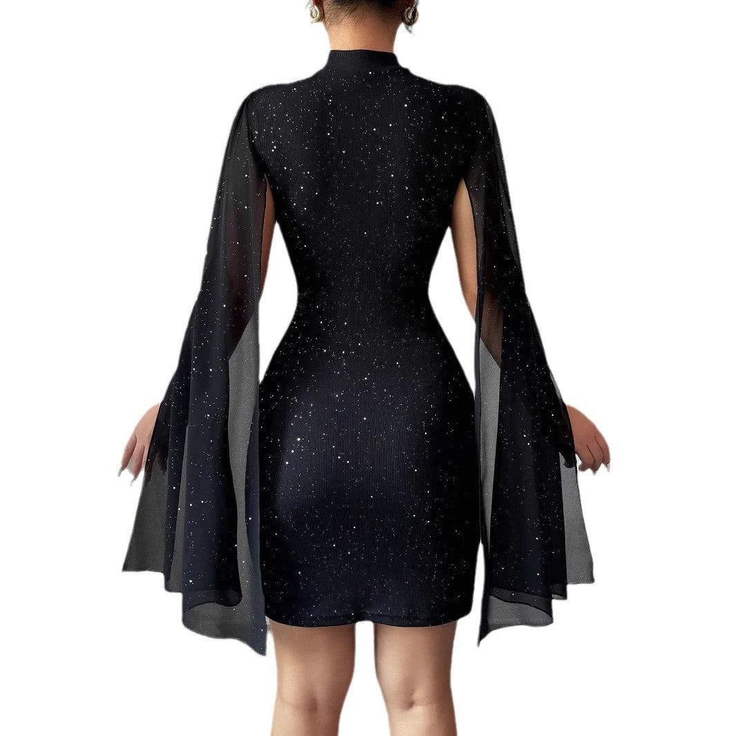 Robe Courte de Soirée Élégante pour Femme Col Rond Perle Mousseline Manche Cape Hanche Enveloppée