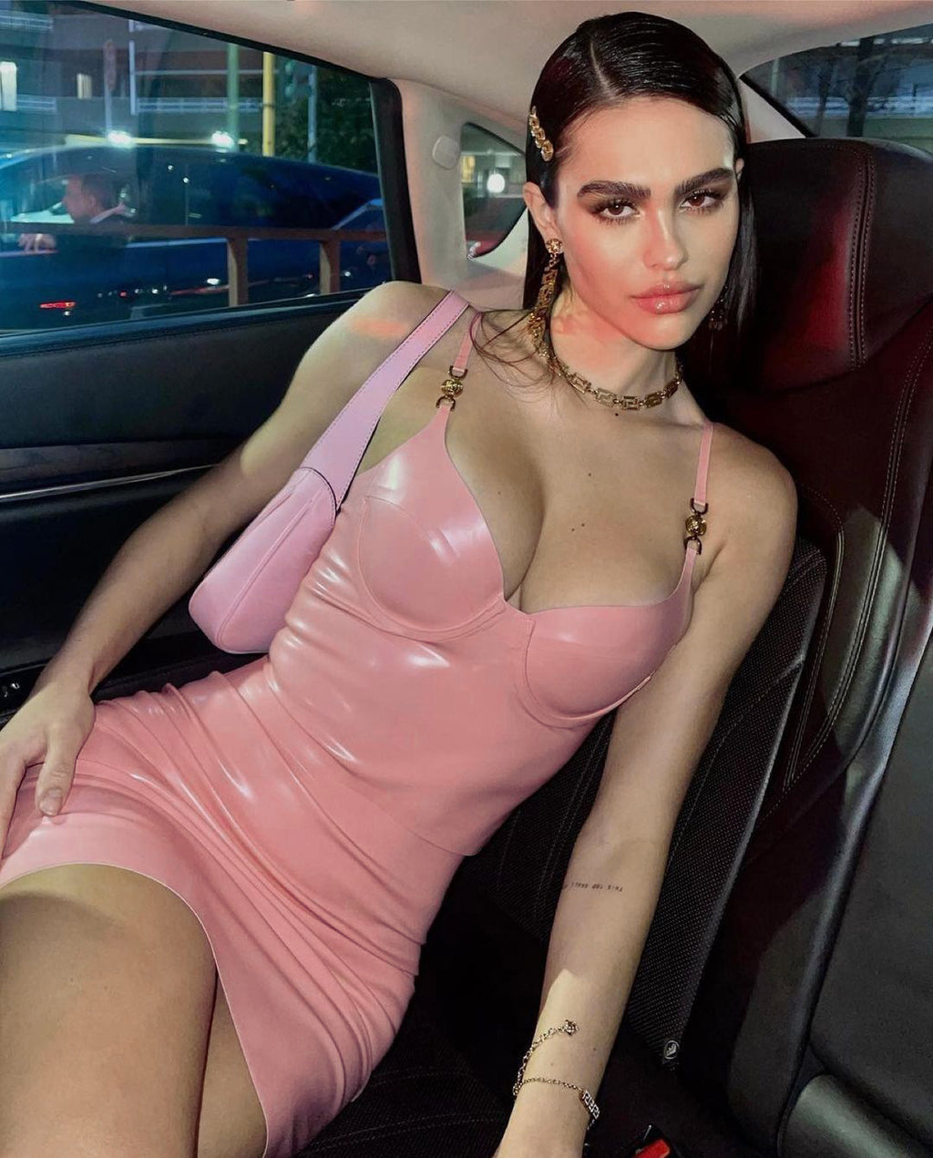 Women's Pink PU Leather Suspender Skirt Two-Piece Set with Shiny Metal Buckle