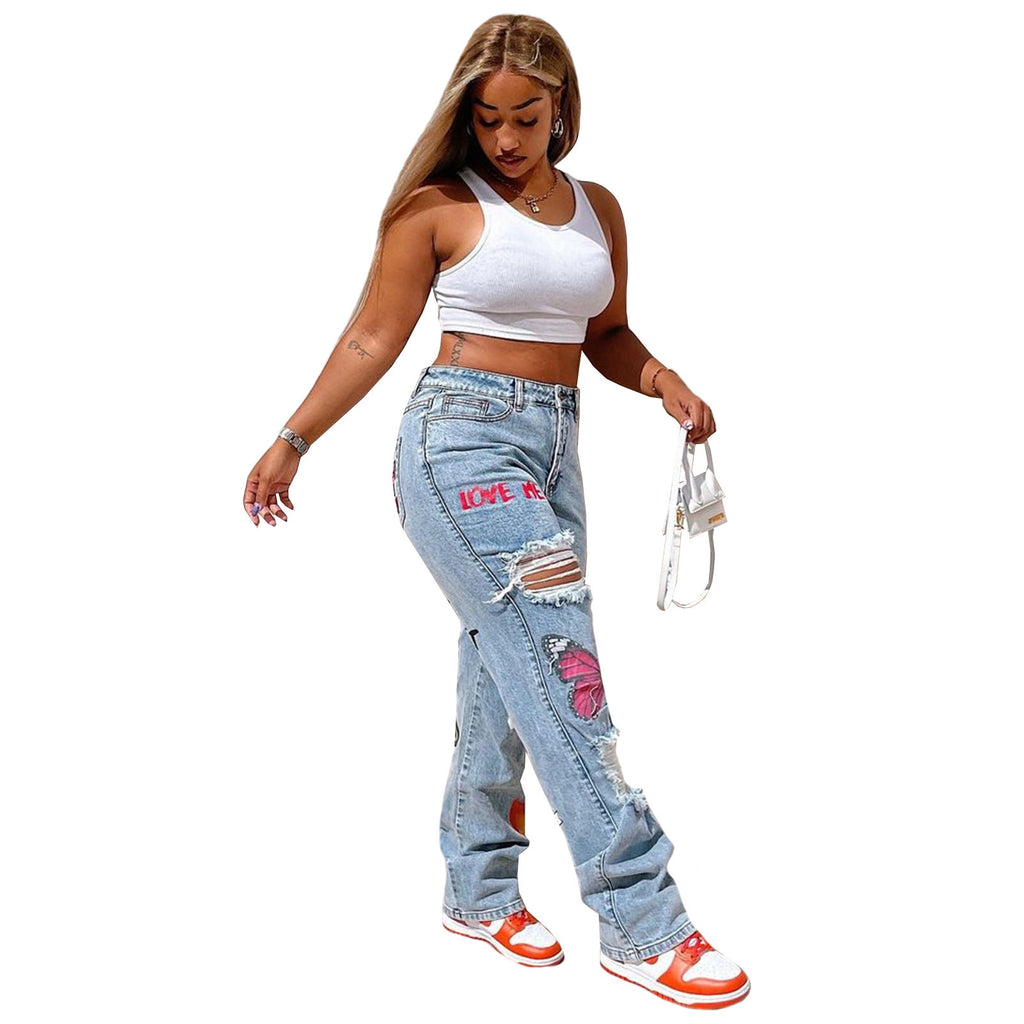 Jean fashion femme taille haute imprimé numérique déchiré bleu