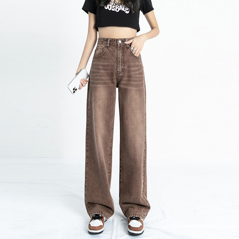 بنطلون جينز نسائي بخصر عالٍ، بنمط أمريكي مستقيم، بتصميم كلاسيكي