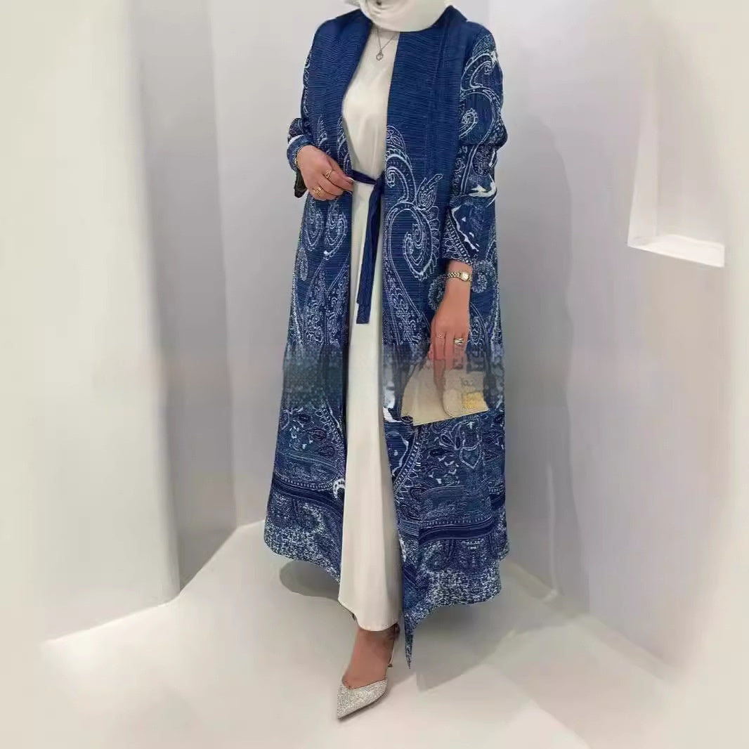 Pleated Trench Djellaba Printed Shawl Cardigan Ethnic Cloak Coat for Middle East Women