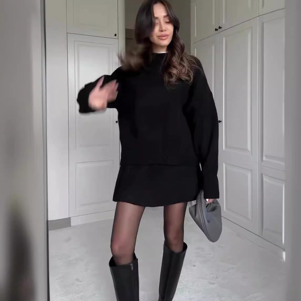 Women’s 2-Piece Knit Sweater Set Long Sleeve Pullover & High Waist Mini Skirt