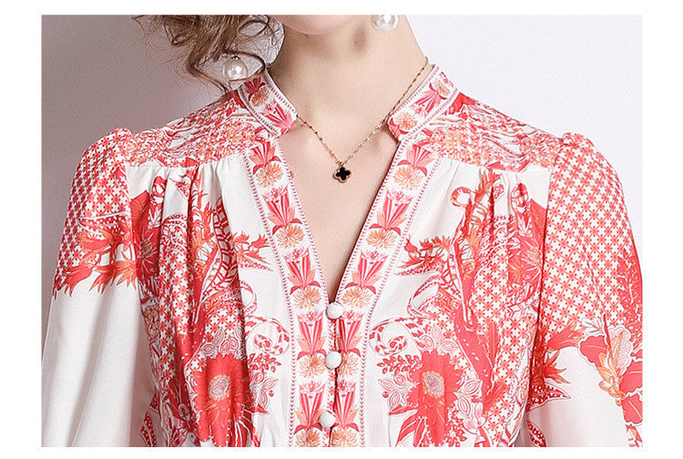 Women's Elegant Retro Print Lantern Sleeve Neck Waist Dress