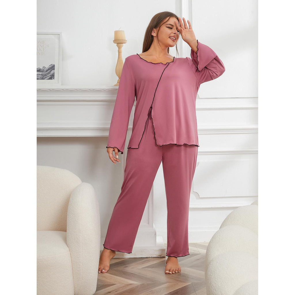 Striped Split Long Sleeve Plus Size Homewear Suit Pink Polyester