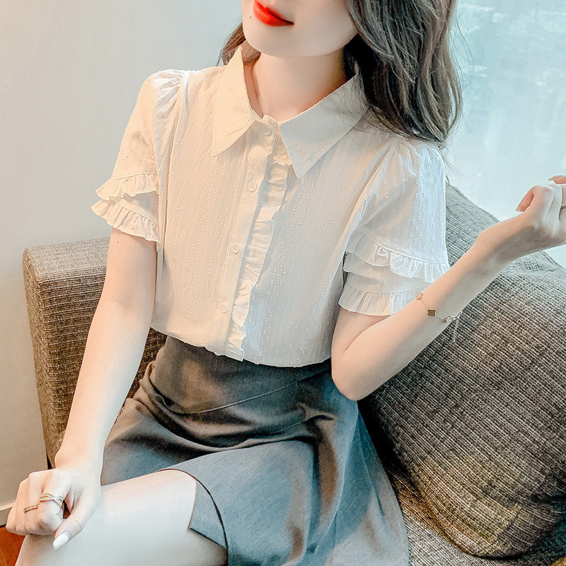 Sweet Design White Cotton Blend Ruffled Short Sleeve Shirt for Women