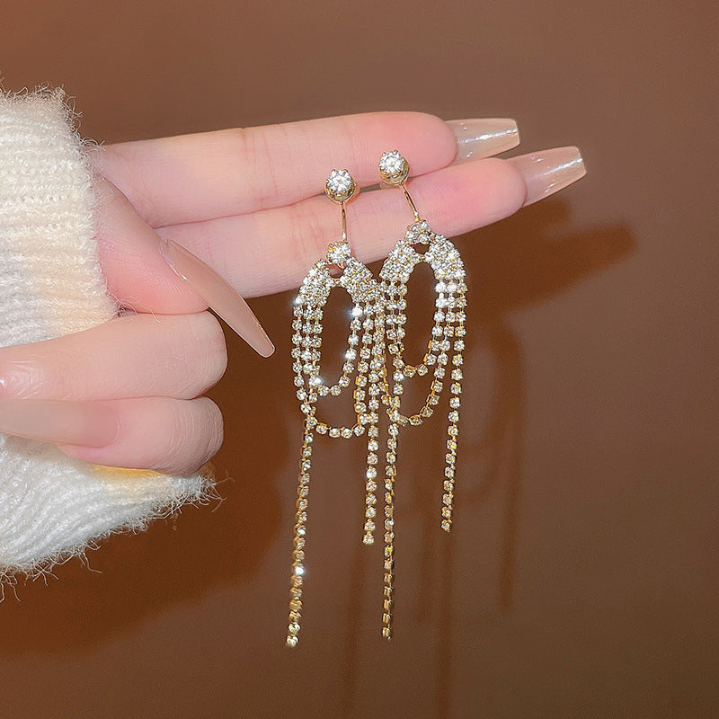 Silver Needle Exquisite Full Diamond Long Fringe Earrings