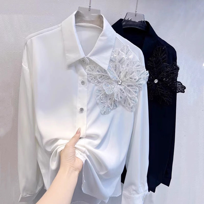Chemisier à manches longues 3D Fleur Femme Blanc et Noir, Tailles S-L