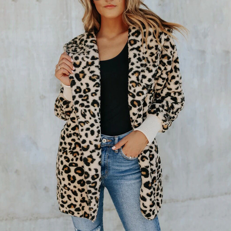 Women's Slim Leopard Print Hooded Coat Polyester
