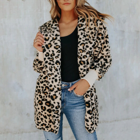Women's Slim Leopard Print Hooded Coat Polyester