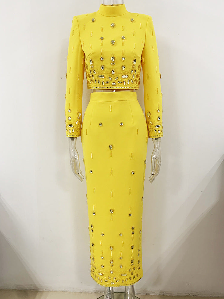 Heavy Industry Beads Diamond Inlaid Short Top Long Skirt Suit