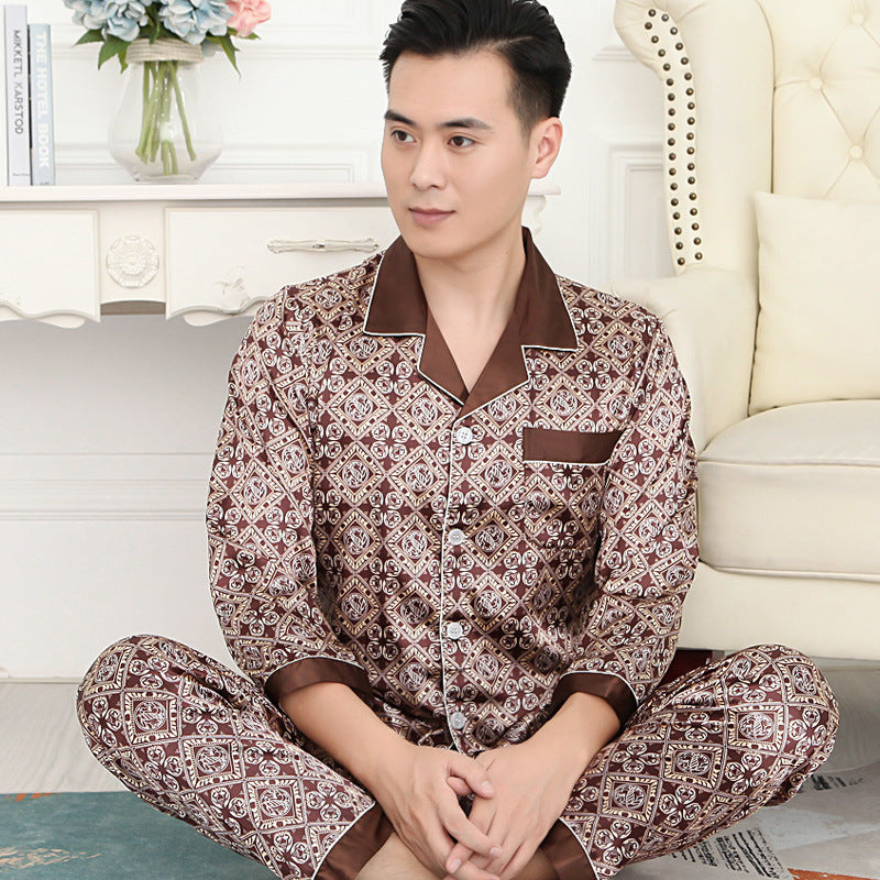 Men's Plus Size Long Sleeve Imitation Silk Pajamas Set