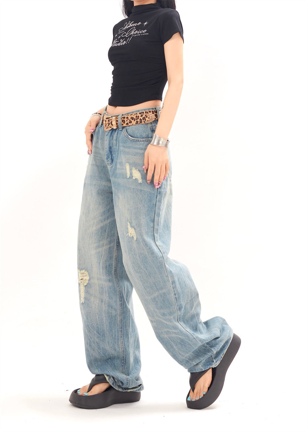 Loose Mid Waist Ripped Denim Jeans for Men and Women