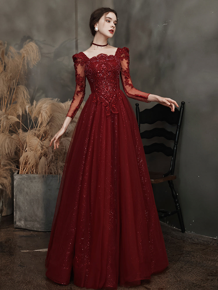 Robe de soirée sirène bordeaux à col carré et bretelles pour femme