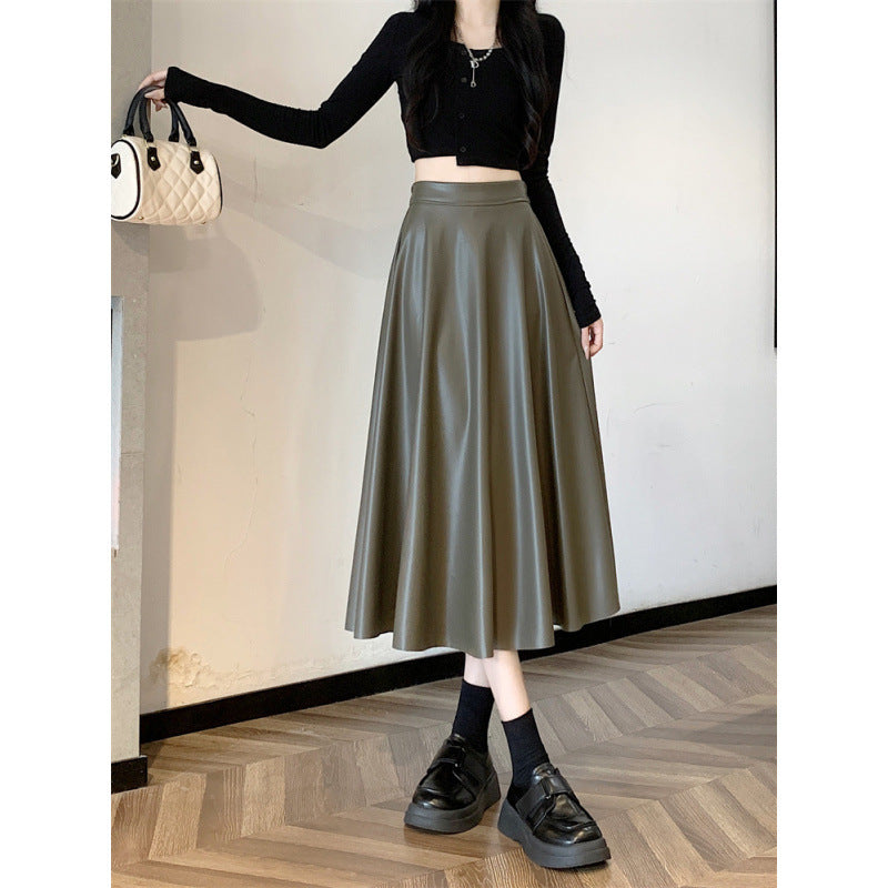 Mid-Length PU Leather Simple A-Line Umbrella Skirt in Army Green & Khaki