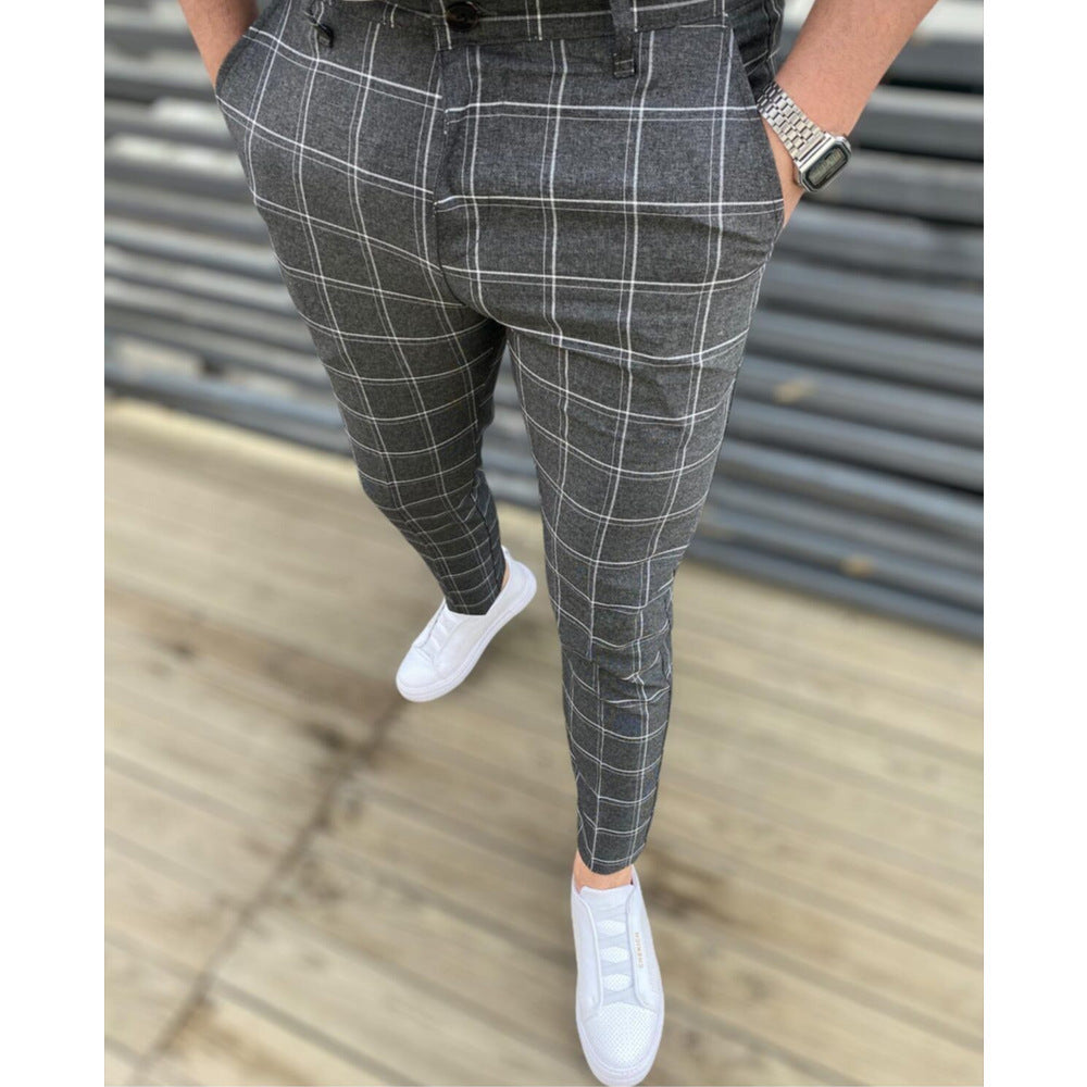 Men's Mid Waist Plaid Casual Tapered Trousers