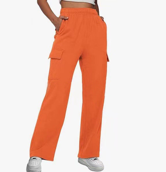 Women's High Waist Pocket Overalls Casual Pants Polyester