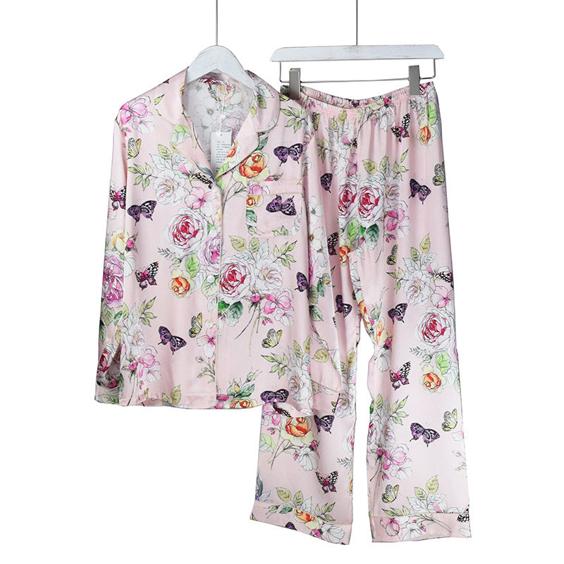 Ensemble Homewear Grande Taille en Soie de Mûrier Imprimée à Manches Longues