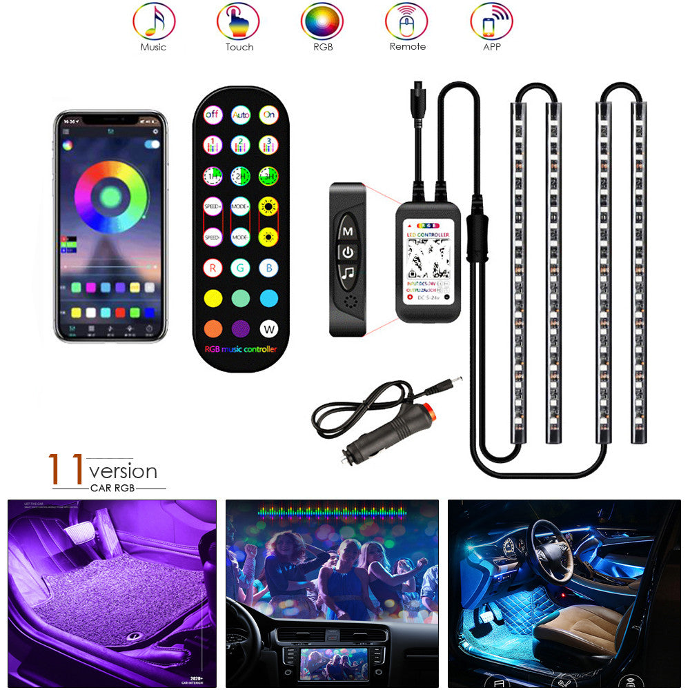 شريط إضاءة LED لاسلكي RGB للسيارة، مقاوم للماء، تحكم موسيقي، مصباح جو