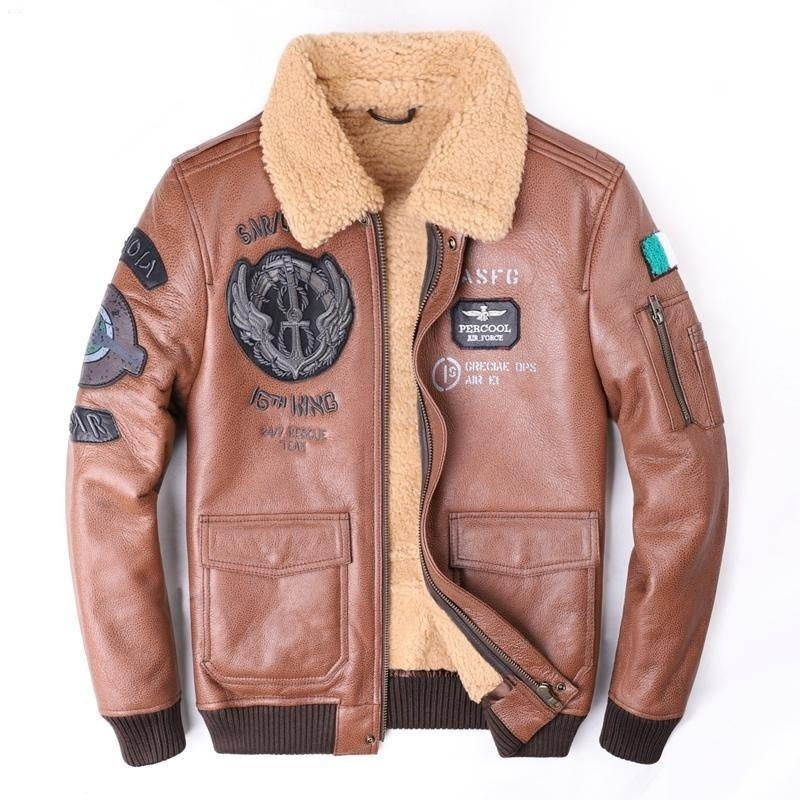 Men's Genuine Sheepskin Leather Flight Jacket - Loose Fit, Short Length