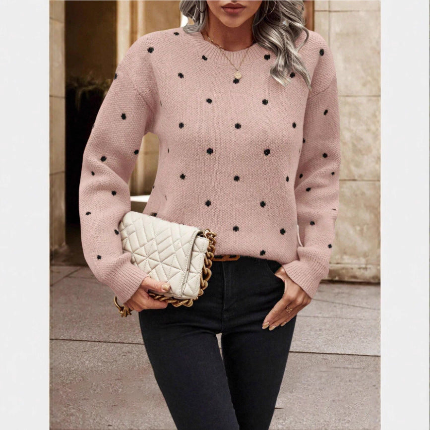 Polka Dot Print Pullover Sweater Long-Sleeve Casual Knit Top for Women