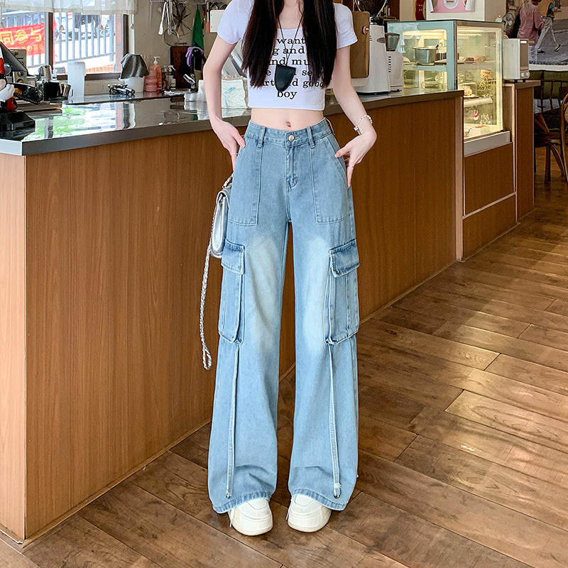 Figure-Flattering Blue High-Waist Straight-Leg Denim Pants with Large Pockets