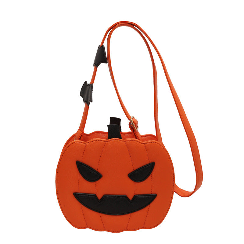 Funny Pumpkin Cartoon PU Shoulder Crossbody Bag with Bat Design for Women