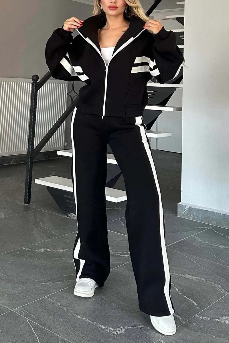 Women’s Casual Striped Zipper Coat and Trousers Set