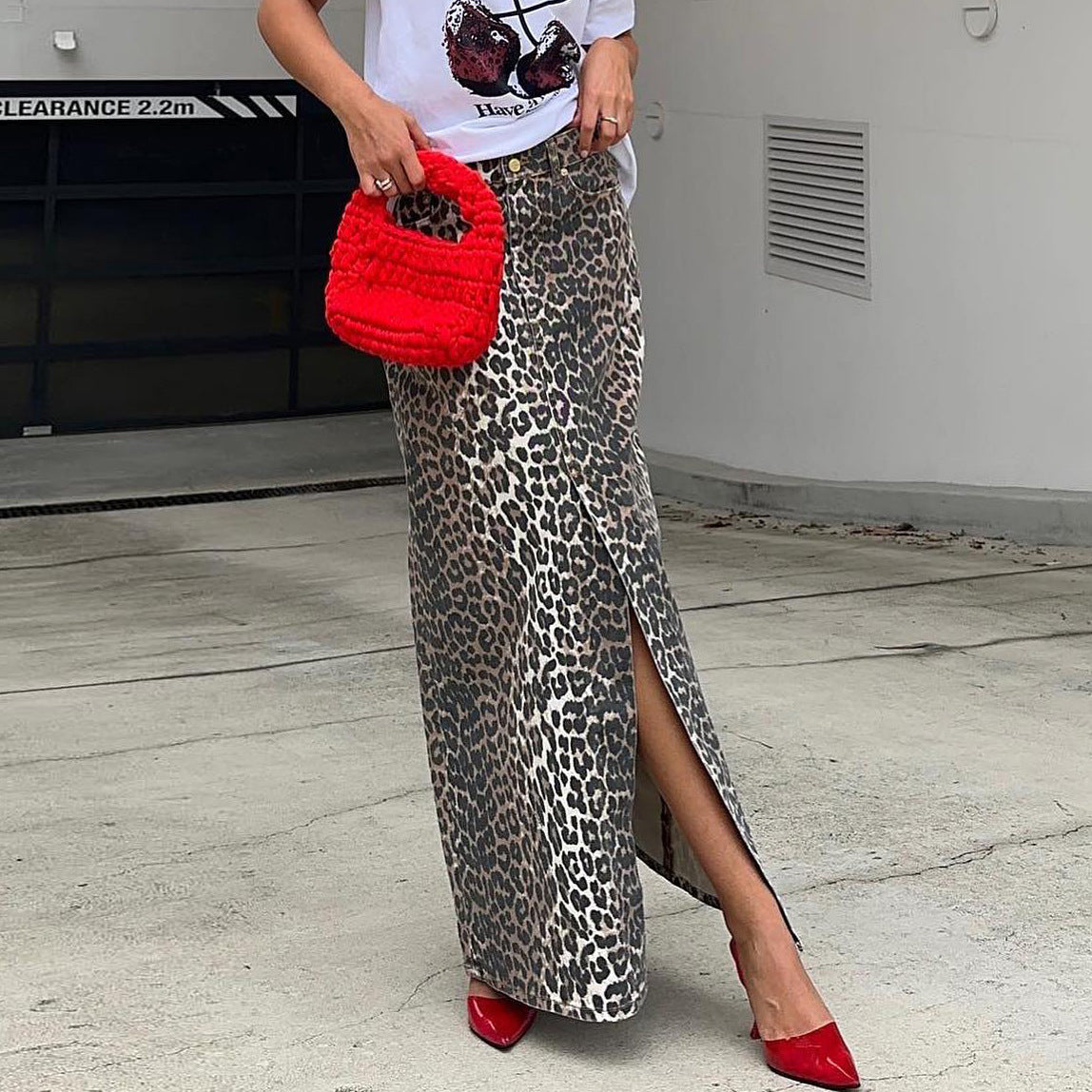 Commute Style Cotton Leopard Print Straight Ankle Skirt