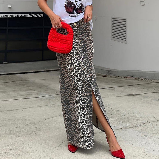 Commute Style Cotton Leopard Print Straight Ankle Skirt