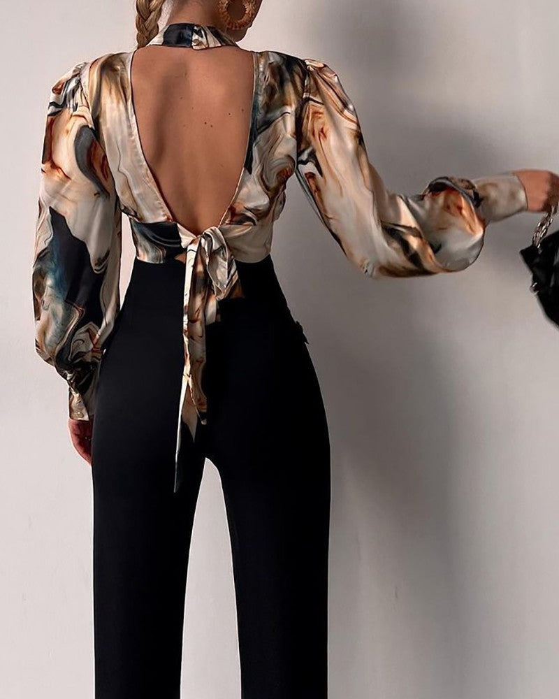 Spring Stand Collar Long Sleeve Lantern Sleeve Open Back Hollow Top Shirt