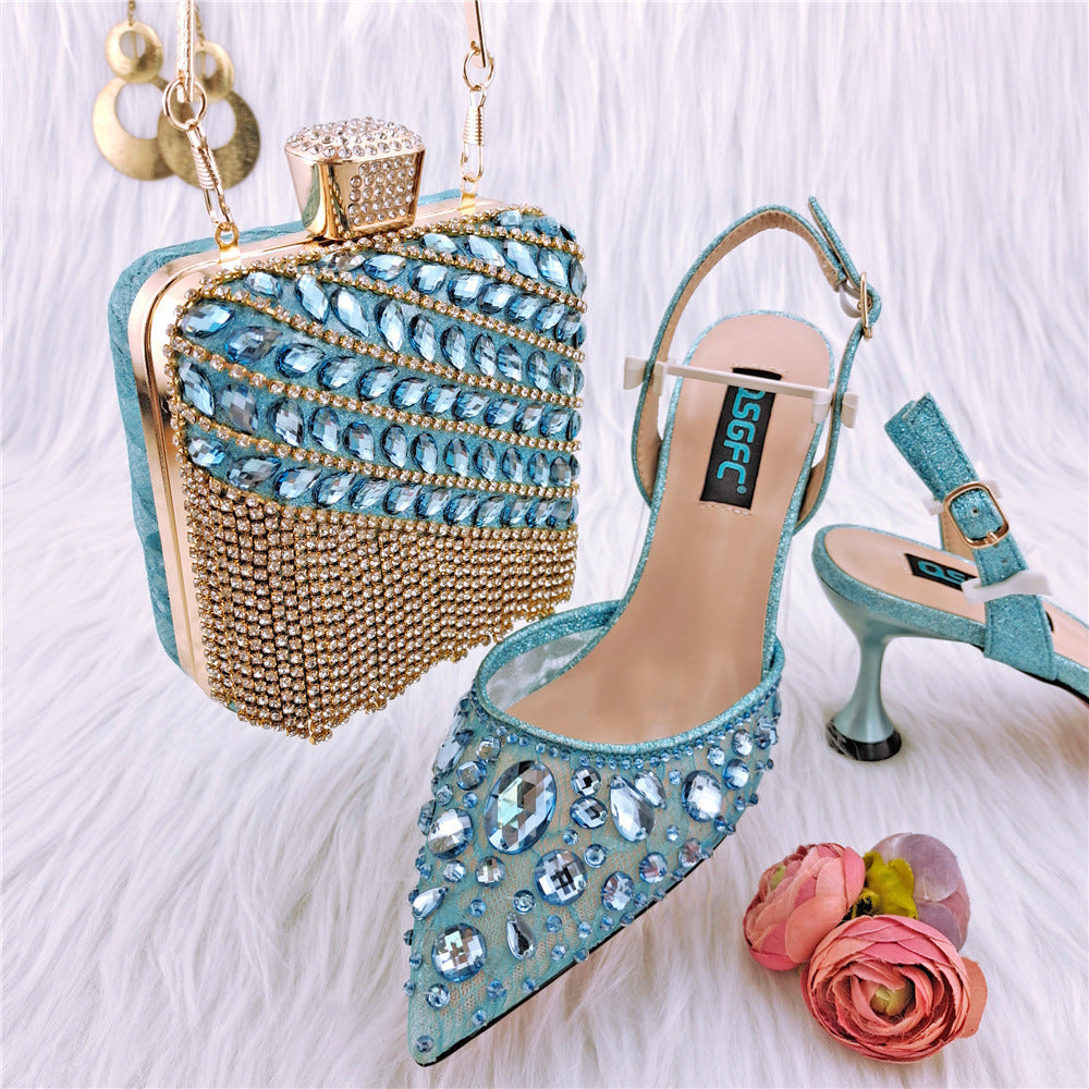 Ladies' High Heel Party Sandals with Diamond Bag Set