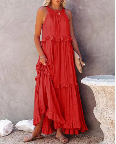 Robe longue d'été à volants, dos nu, col halter, pour femmes