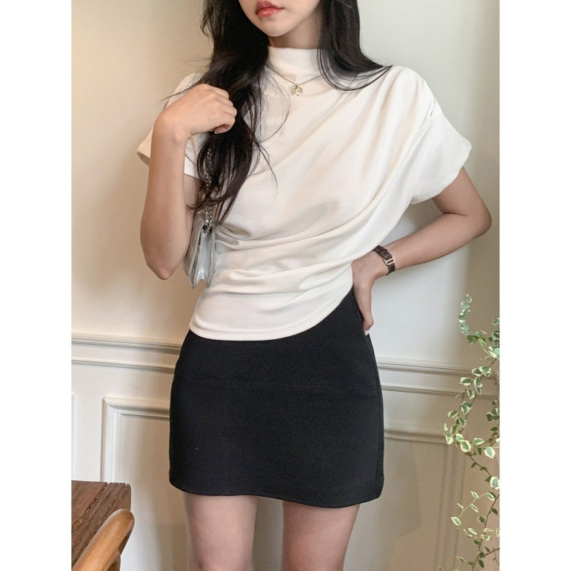 French Turtleneck Short Sleeve Modal T-Shirt for Women, Waist-Controlled Top